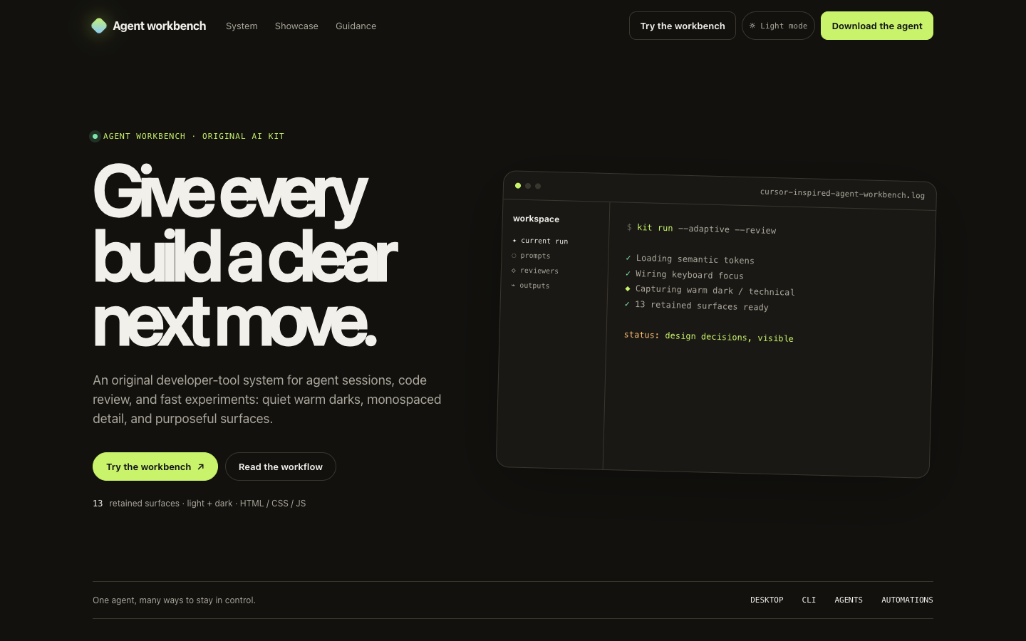 Desktop preview of the Cursor-inspired Agent Workbench system